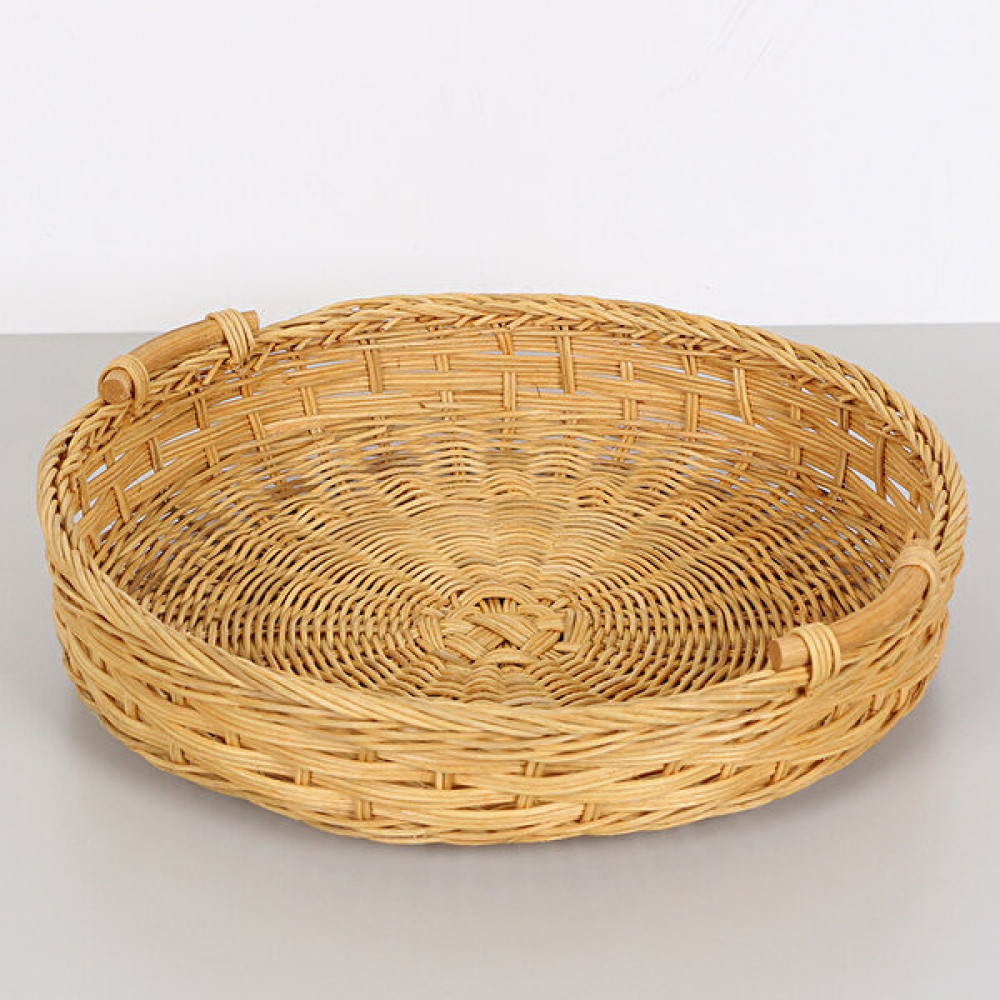 Kulplu Doğal Rattan Tepsi, Tasarım Kahve Çay Sunum Tepsisi, Dekoratif Yuvarlak Hasır Tepsi 35x7cm Servis Tepsisi Fiyatı