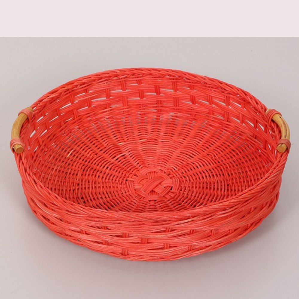 Kulplu Kırmızı Rattan Tepsi, Tasarım Kahve Çay Sunum Tepsisi, Dekoratif Yuvarlak Hasır Tepsi 35x7cm Servis Tepsisi Fiyatı
