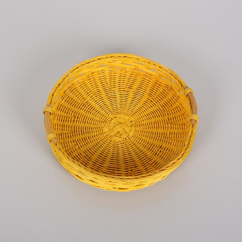 Kulplu Sarı Rattan Tepsi, Tasarım Kahve Çay Sunum Tepsisi, Dekoratif Yuvarlak Hasır Tepsi 35x7cm Servis Tepsisi Fiyatı