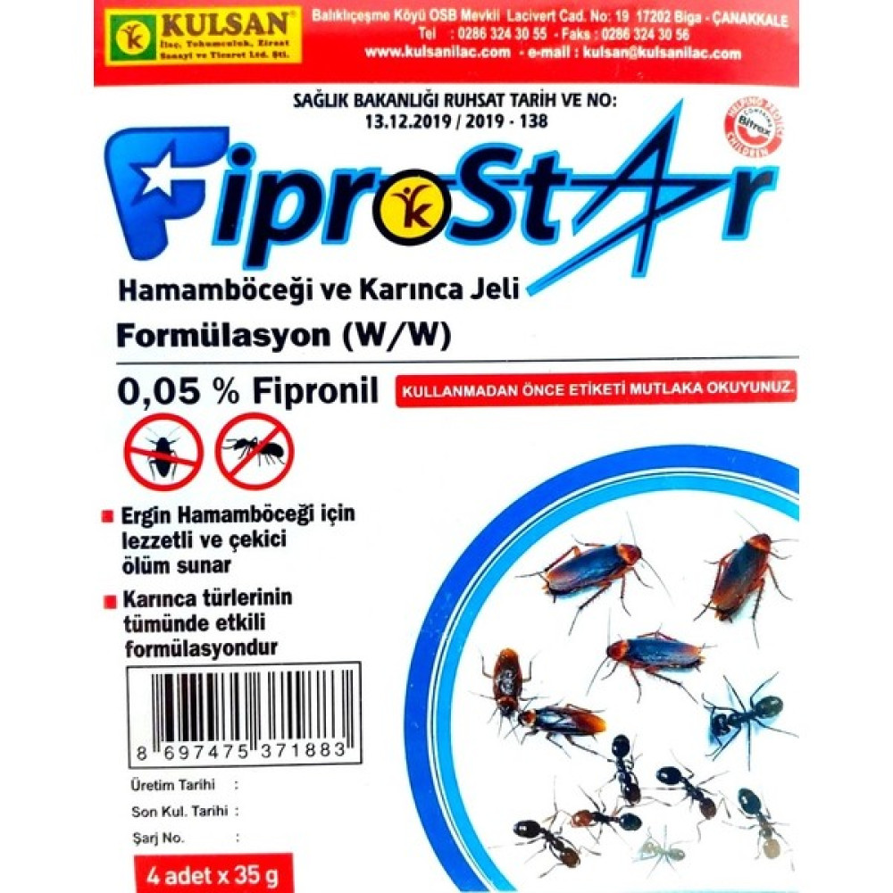 Kulsan Fiprostar Hamamböceği ve Karınca Jeli 4X35 gr Böcek Ilacı (4 'lü) Sinek-Kene-Haşere Kovucu Fiyatı