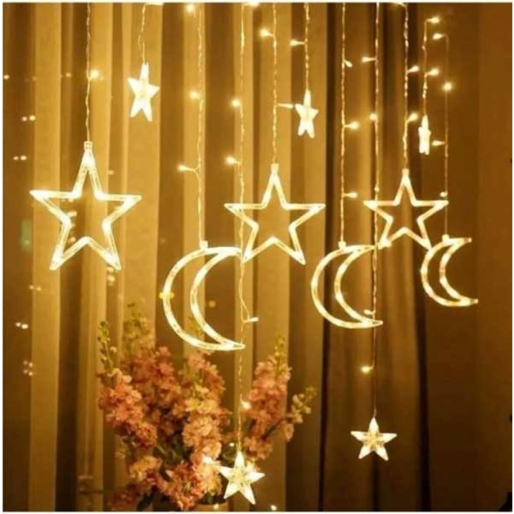 Kulvar AVM Ay Yıldız Perde LED 8 Mod Saçaklı Perde Peri Mutfak Işık Dekoratif Lamba LED Işık Animasyonlu - 235 cm - Gün Işığı Led Aydınlatmalar Fiyatı
