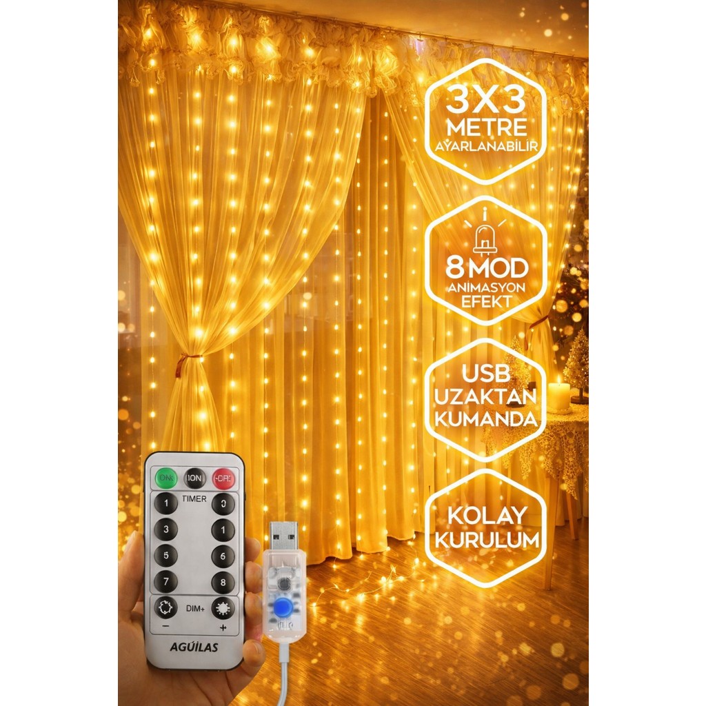 kulvaravm 300 Ledli 10 Sarkıt Perde LED Işık-8 Fonksiyon, Uzaktan Kumandalı, 3x3 Metre - Sarı Perde Fiyatı