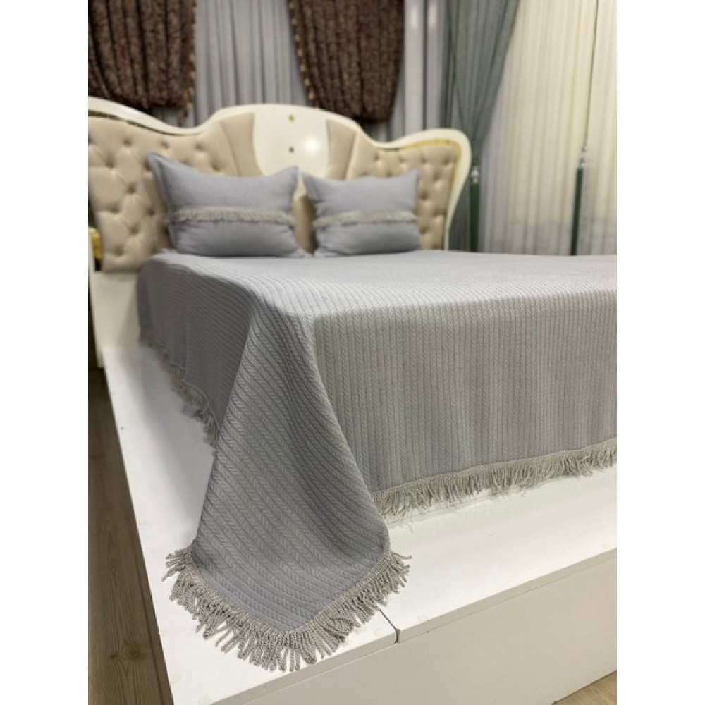 Kumru Çeyiz %100 Pamuk Şönil Püsküllü Örgü Çift Kişilik Pike Takımı Yatak Örtüsü 240X260 - Gri Pike & Pike Takımı Fiyatı