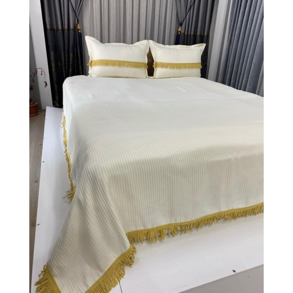 Kumru Çeyiz %100 Pamuk Şönil Püsküllü Örgü Çift Kişilik Pike Takımı Yatak Örtüsü 240X260 - Krem - Gold Pike & Pike Takımı Fiyatı