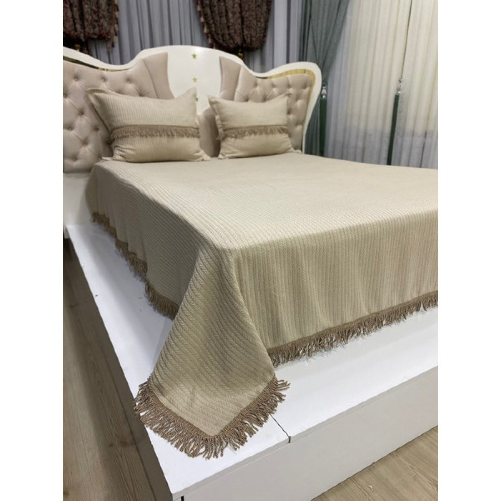 Kumru Çeyiz %100 Pamuk Şönil Püsküllü Örgü Pike Takımı Yatak Örtüsü Tek Kişilik 180X250 - Cappuccino Pike & Pike Takımı Fiyatı