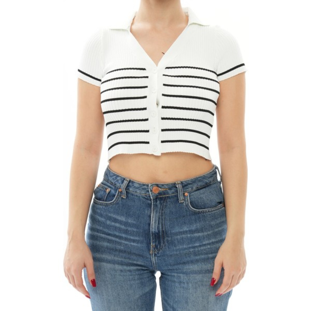 Kumsalina Clothes Beyaz Düğmeli Çizgili Crop Bluz Fiyatı