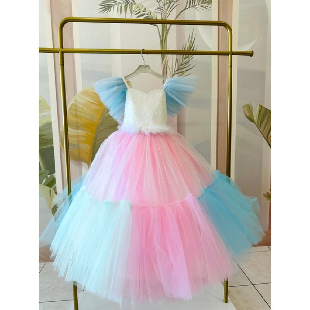 Kumsal's Kids Boutique Beyaz - Toz Pembe Rainbow Tarlatanlı Gelinlik Abiye Elbise Fiyatı
