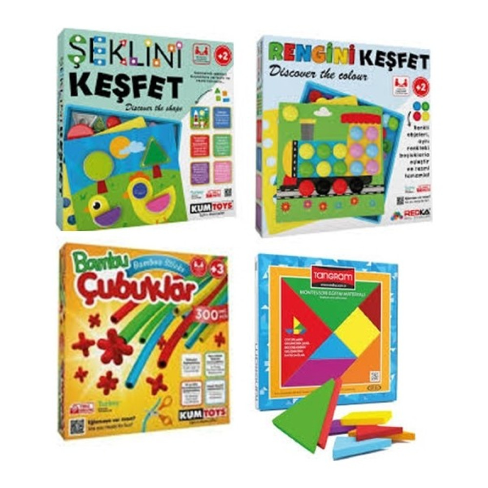 Kumtoys Şeklini Keşfet + Rengini Keşfet + Bambu Çubuklar + Renkli Tangram 4’lü Set Eğitici Oyuncak Fiyatı