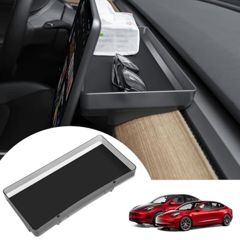 KUNIST for Tesla Model Y Upgrade Behind Screen Storage Box Dashboard Hidden Organizer Tray Non-Slip Sunglass Card Holder for 2021-2023 Tesla Model 3 and 2021-2025 Model Y Accessories