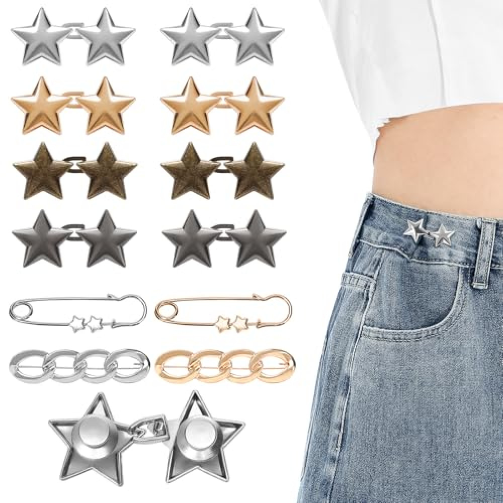 KUNTAERY 12 Pcs Pant Waist Tighteners, No-Sew Metal Clips for Jeans and Pants, Adjustable & Reusable Star Button Pins