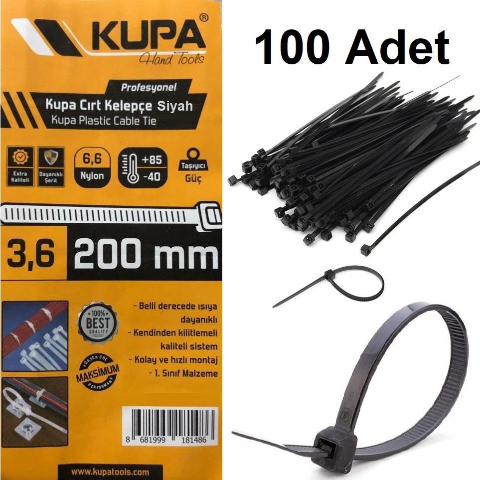 Kupa Hırdavat Plastik Cırt Kelepçe Siyah 3.6 x 200 Mm. - 100 Adet Fincan / Bardak / Kahve Takımı Fiyatı