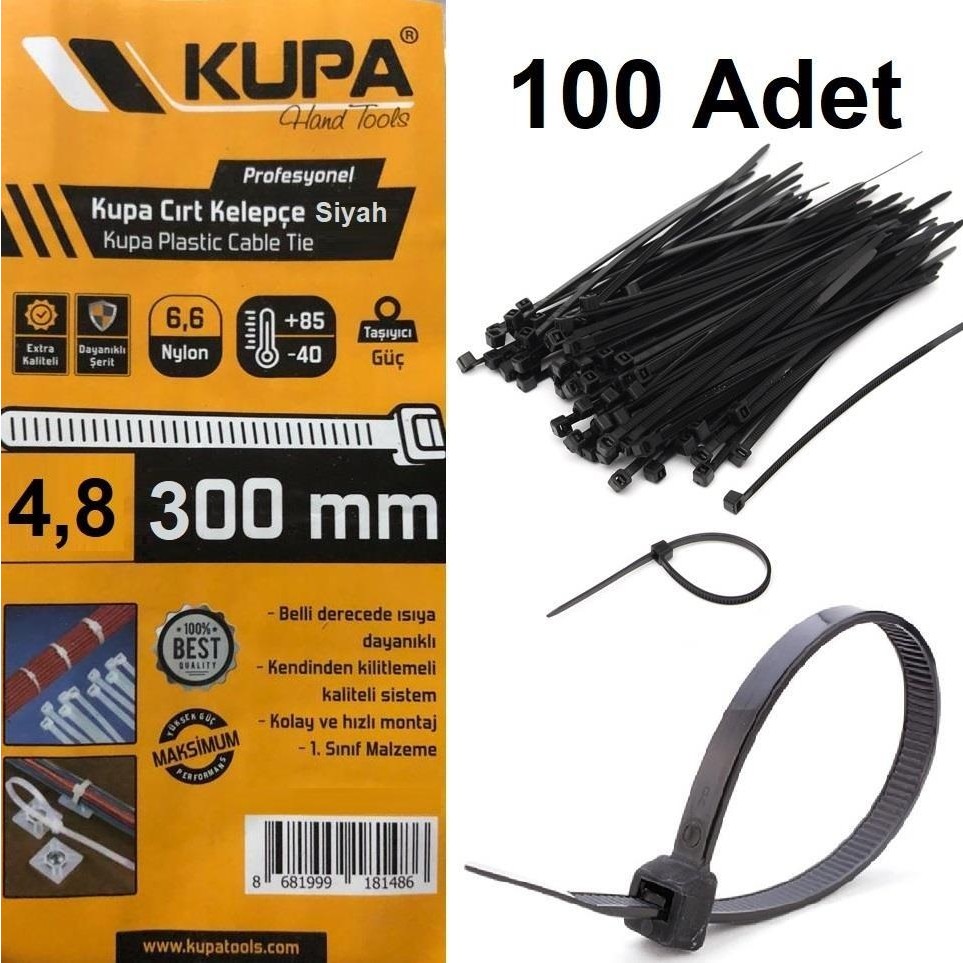 Kupa Hırdavat Plastik Cırt Kelepçe Siyah 4.8 x 300 Mm. - 100 Adet Fincan / Bardak / Kahve Takımı Fiyatı