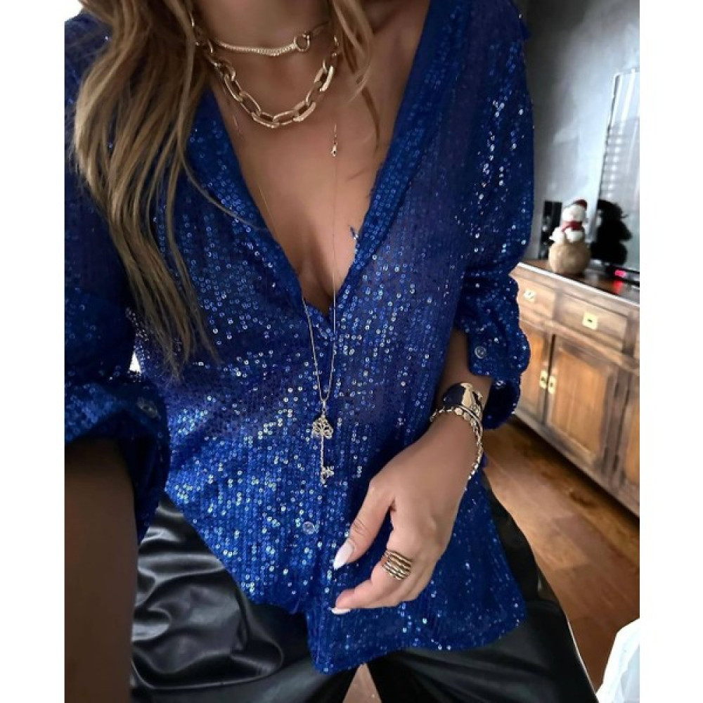 Kupakızı Kadın Lacivert Oversize Model Pulpayet Gömlek Kadın Gömlek Fiyatı