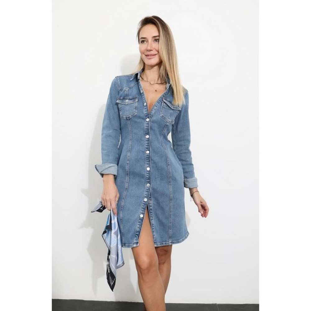 Kupakızı Kadın Mavi Düğmeli Denim Elbise Elbise Fiyatı