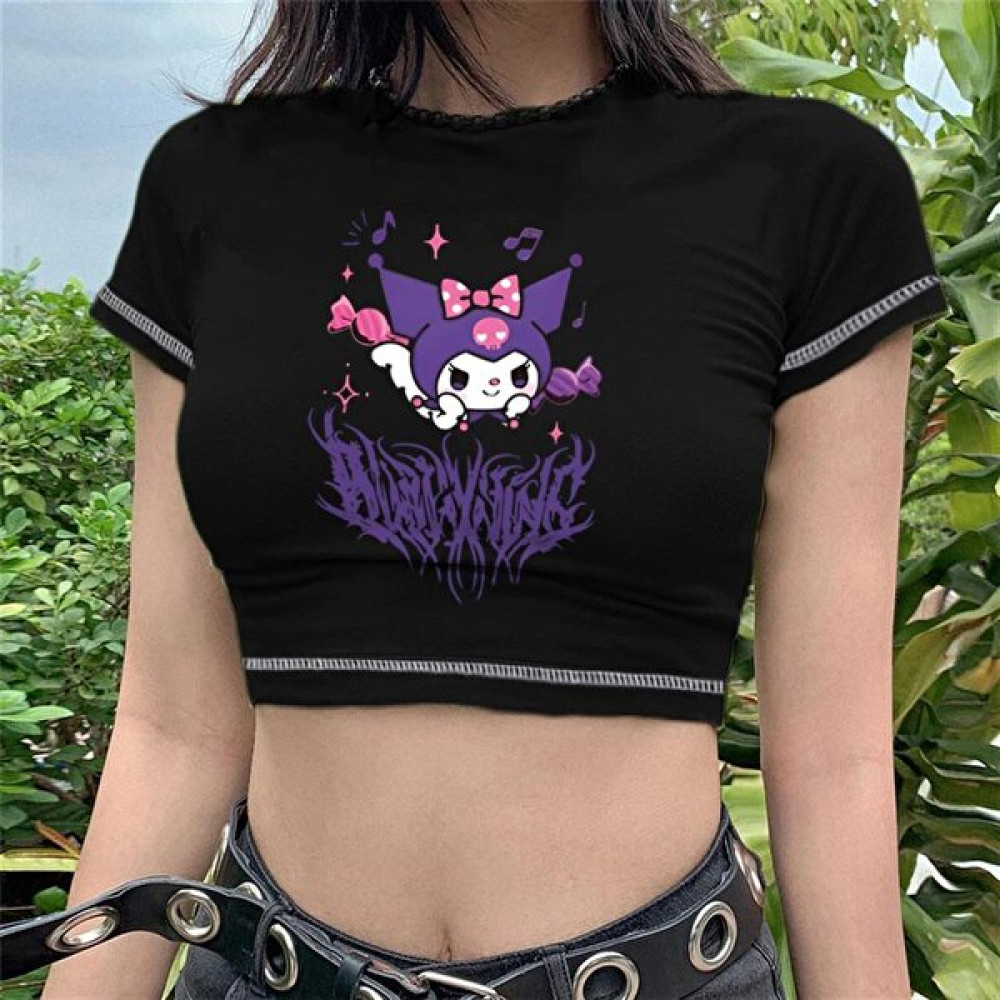 Kuromi Baskılı Ters Dikiş Siyah Crop Bluz Fiyatı