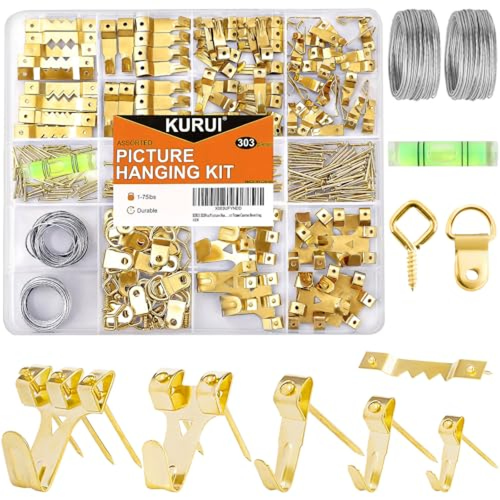 KURUI 303Pcs Picture Hanging Kit, Picture Hangers Assorted Kit With Heavy Duty Wall Hooks, Sawtooth, Picture Wire, D Rings, Hardware Nails, Eye Hooks and Picture Hanging Tool for Frame Canvas Mounting
