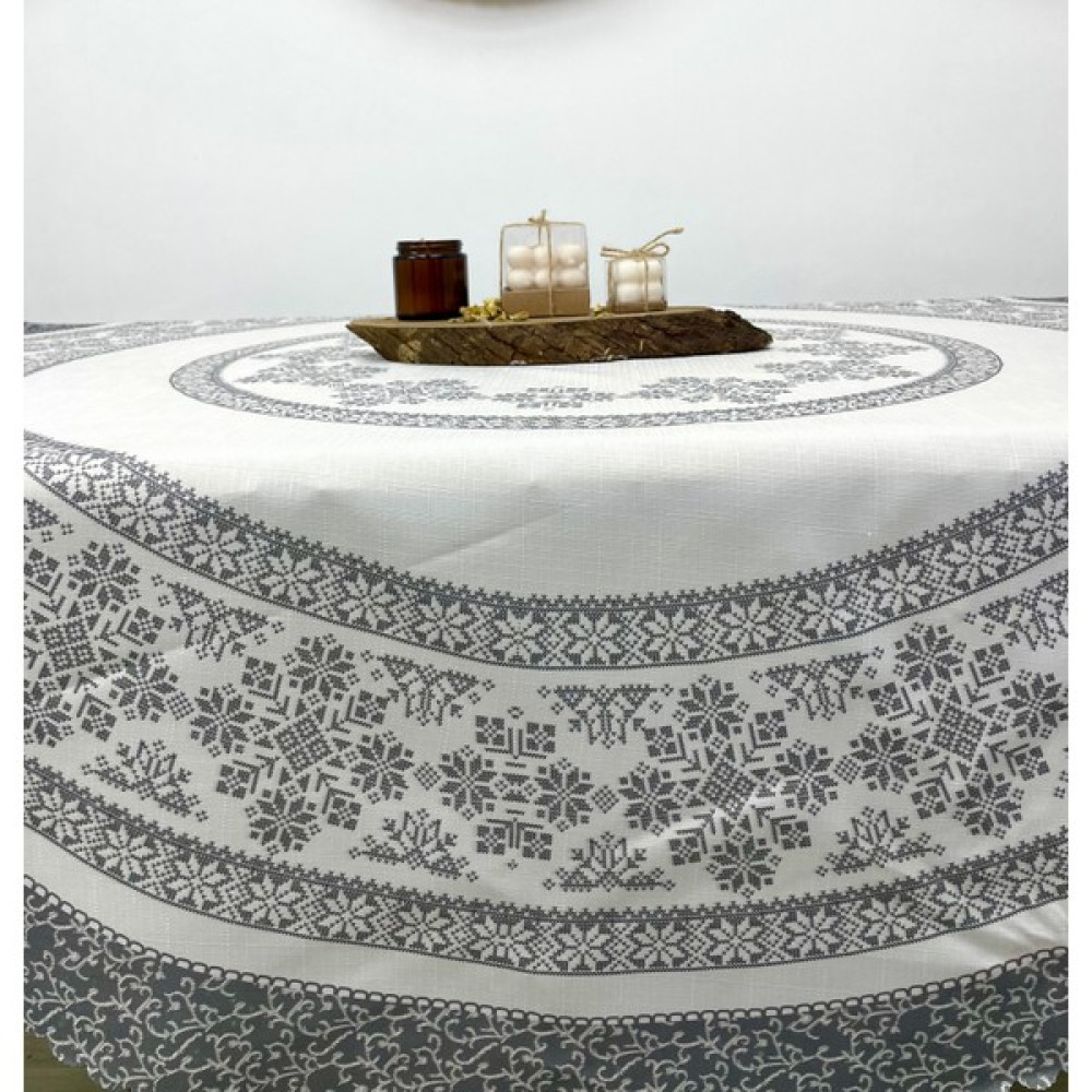 Kurular Tekstil Baskılı Yuvarlak Kanaviçe Masa Örtüsü-Gri - Gri - 150 x 150 cm Masa Örtüsü Fiyatı