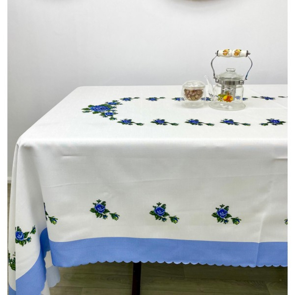 Kurular Tekstil Kanaviçe Dertsiz Masa Örtüsü - Beyaz - Mavi - 150 x 220 cm Masa Örtüsü Fiyatı