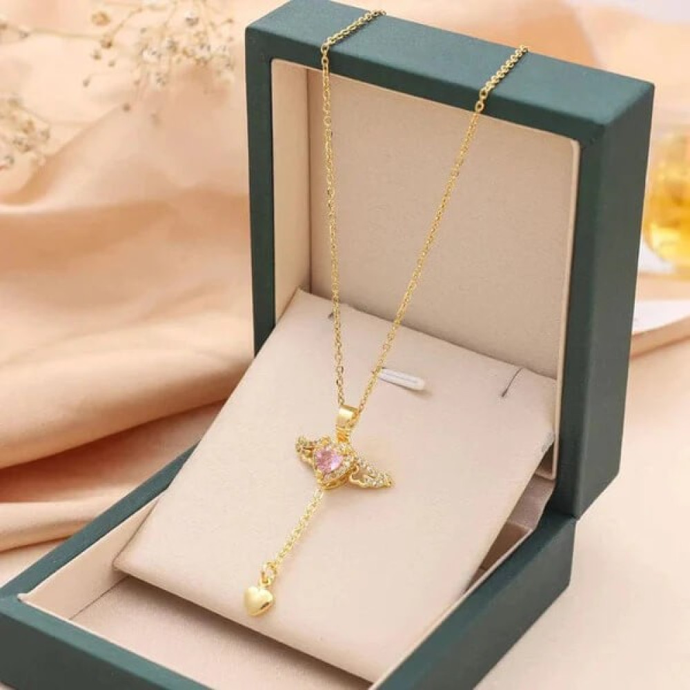 Kuşkaya Ticaret Pembe Zirkon Taşlı Melek Kanatlı Kalp Kolye Çelik Altın, Takı & Aksesuar Fiyatı