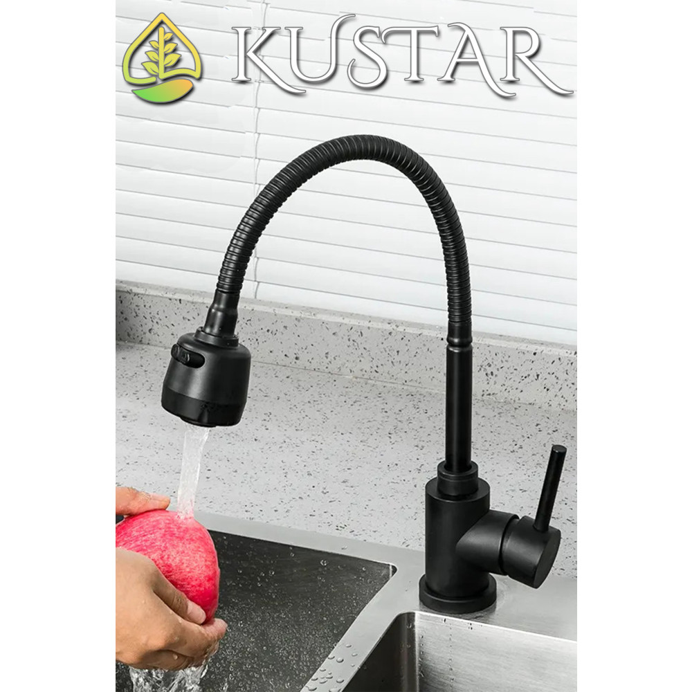 KUSTAR 2 FONKSİYONLU SPİRALLİ 360 DERECE DÖNER BORULU TAM SİYAH ASUR MUTFAK EVİYE BATARYASI Bataryalar Fiyatı