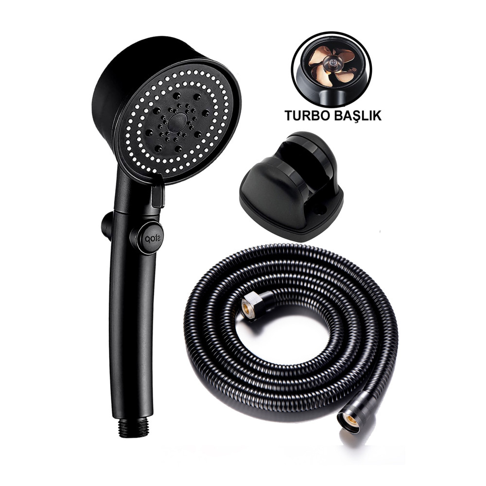 KUSTAR 3lü Set Siyah 5 Fonksiyonlu Turbo Jet Pervaneli Duş Başlığı Örgülü Hortum Ve Askı Duşakabin Fiyatı