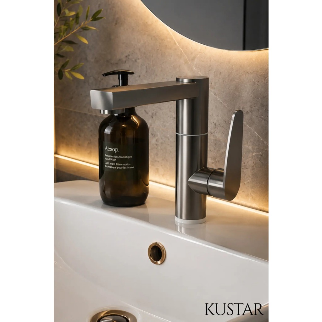 Kustar Modern Tek Kollu Inox Lavabo Bataryası | Banyo Musluğu | Aç-Kapa | Döner Boru | Sıcak Soğuk Bataryalar & Musluklar Fiyatı