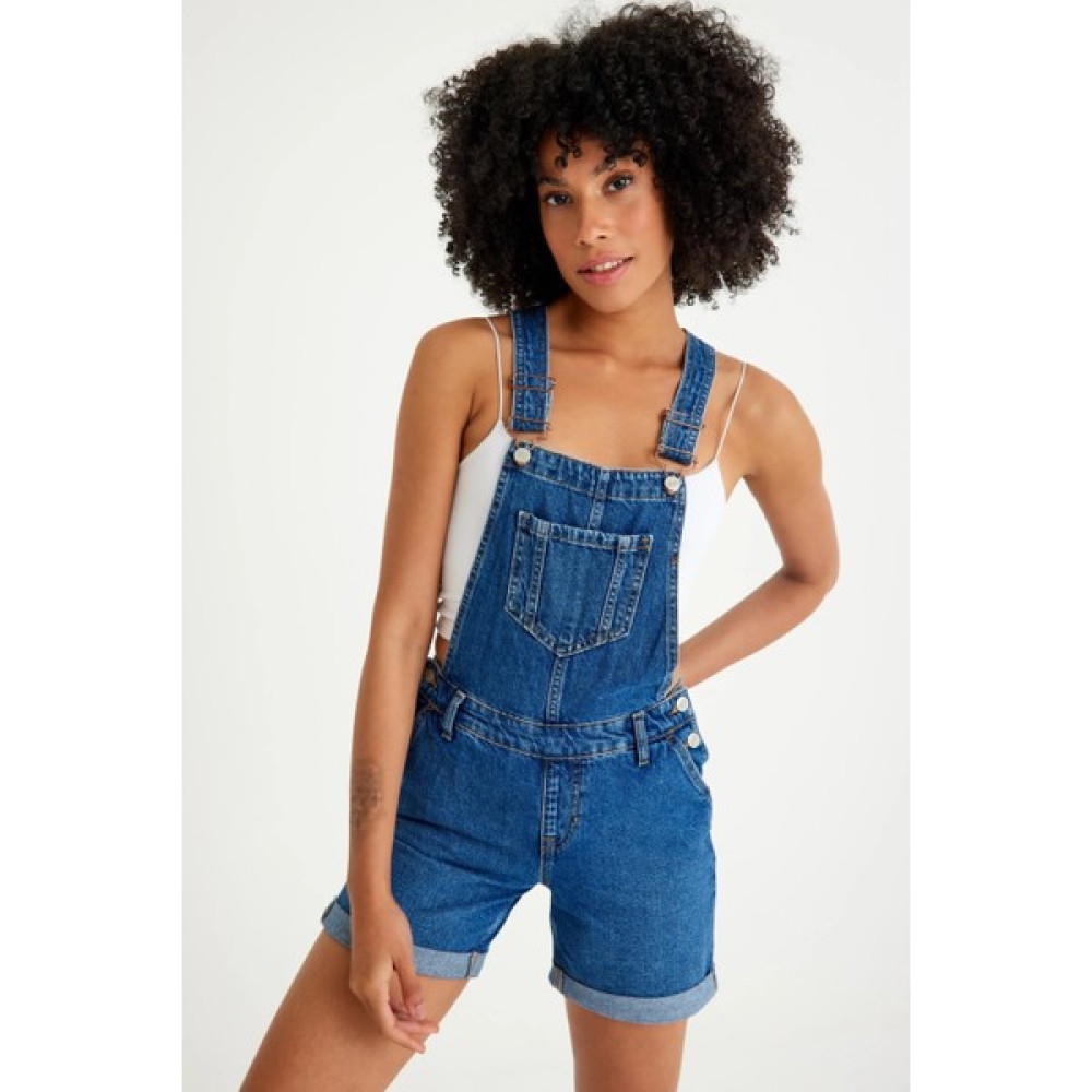 Kutaf Askılı Duble Paça Denim Salopet Şort Bayan Tulum ve Salopet Fiyatı