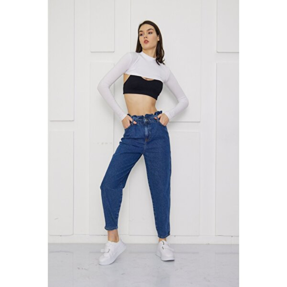Kutaf Beli Lastikli Mom Jean Pantolon Bayan Jeans / Kot Pantolon Fiyatı