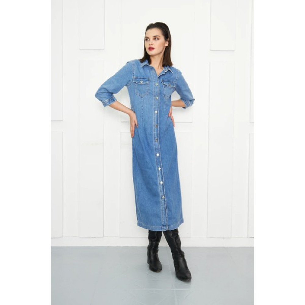 Kutaf Düğmeli Uzun Denim Elbise Elbise Fiyatı