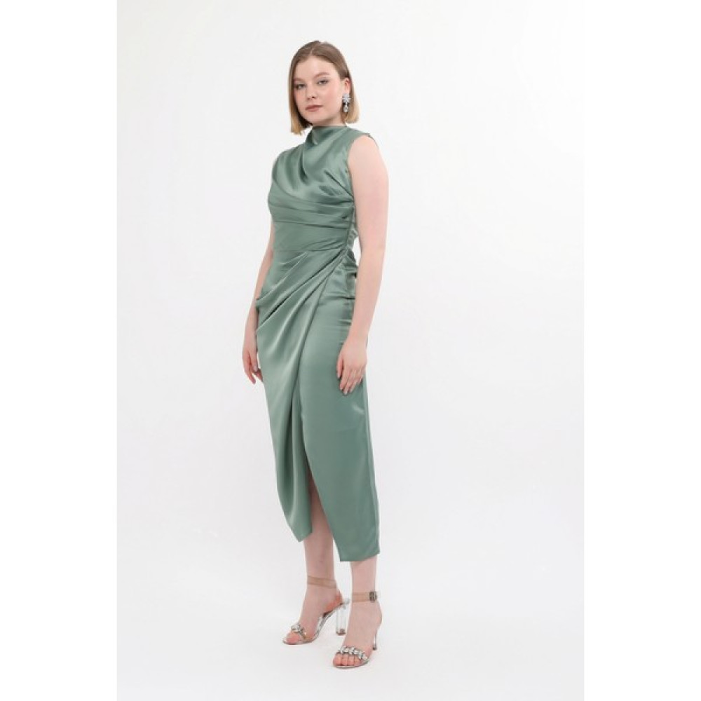 Kutas Fashion Dökümlü Yaka Saten Abiye Elbise Elbise Fiyatı
