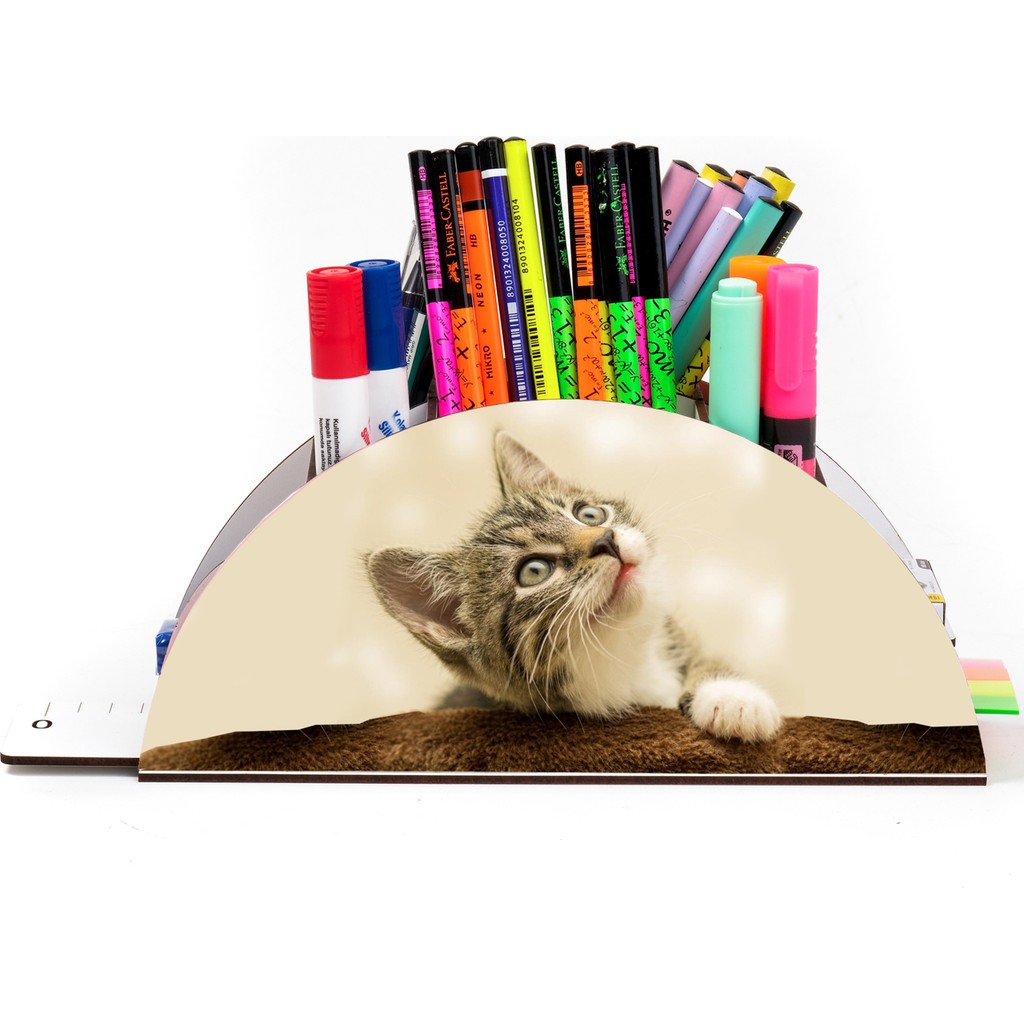 KutuTR Ahşap Vip Kedi Serisi Gökkuşağı Cetvelli Masaüstü Kalemlik Organizer Montajlı Kutulu - 123-Kedi Ofis Seti Fiyatı
