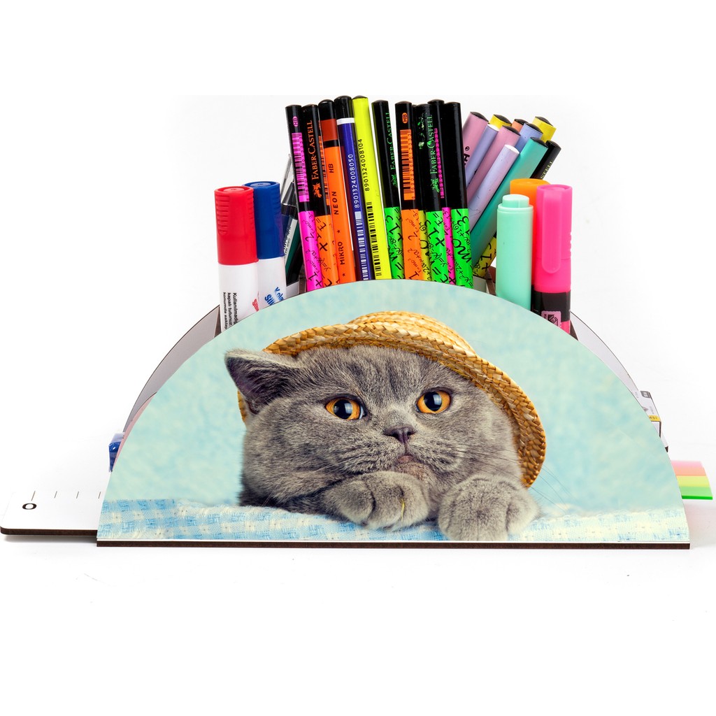 KutuTR Ahşap Vip Kedi Serisi Gökkuşağı Cetvelli Masaüstü Kalemlik Organizer Montajlı Kutulu - 124-Şapkalı Kedi Ofis Seti Fiyatı