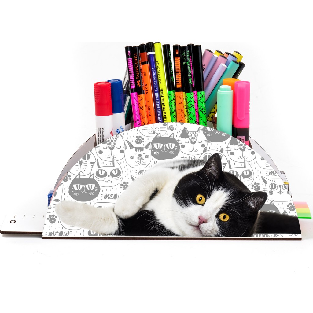 KutuTR Ahşap Vip Kedi Serisi Gökkuşağı Cetvelli Masaüstü Kalemlik Organizer Montajlı Kutulu - 125-Siyah Beyaz Kedi Ofis Seti Fiyatı