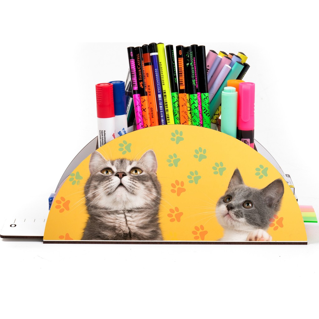 KutuTR Ahşap Vip Kedi Serisi Gökkuşağı Cetvelli Masaüstü Kalemlik Organizer Montajlı Kutulu - 126-Sevimli Kediler Ofis Seti Fiyatı