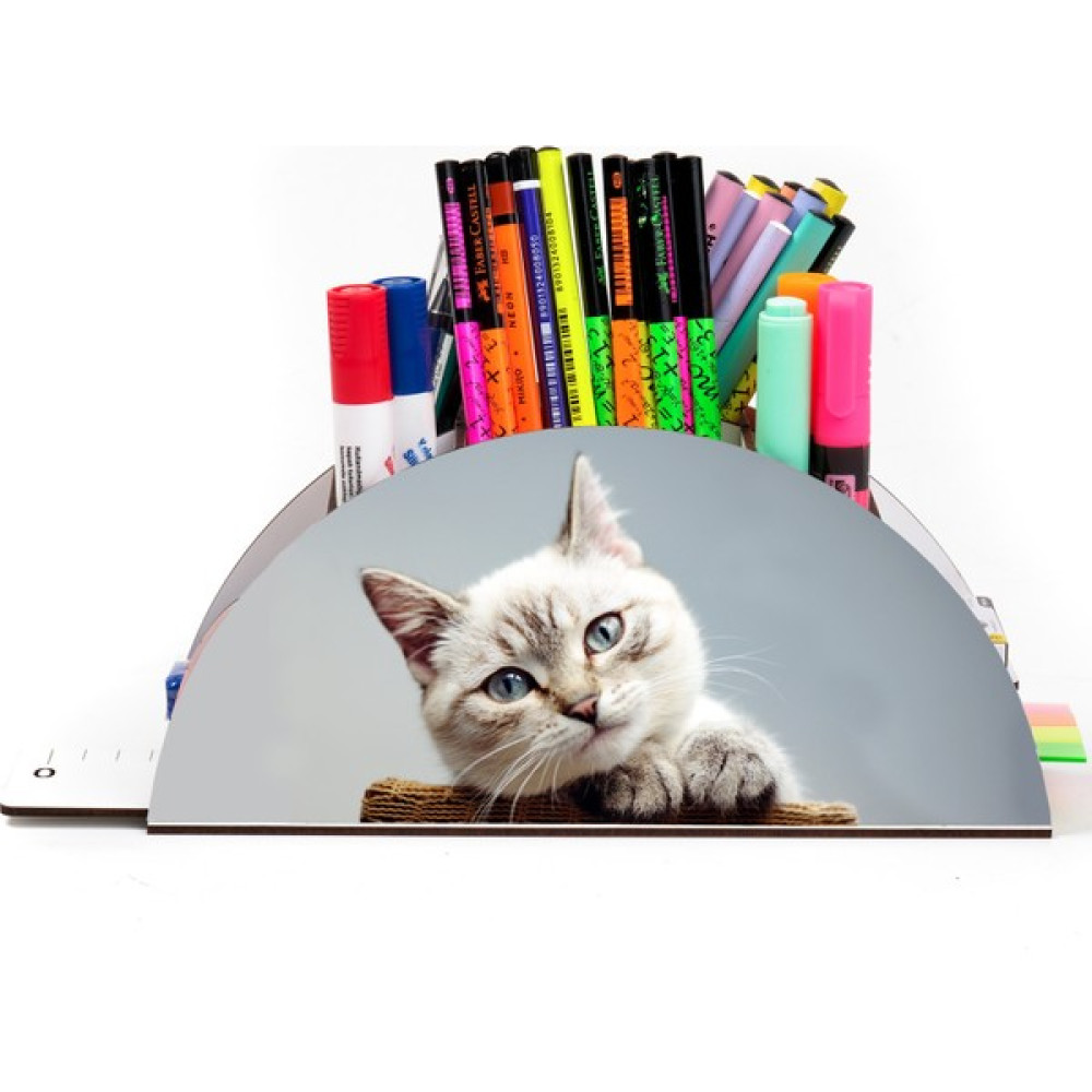 KutuTR Ahşap Vip Kedi Serisi Gökkuşağı Cetvelli Masaüstü Kalemlik Organizer Montajlı Kutulu - 127-Şirin Kedi Ofis Seti Fiyatı