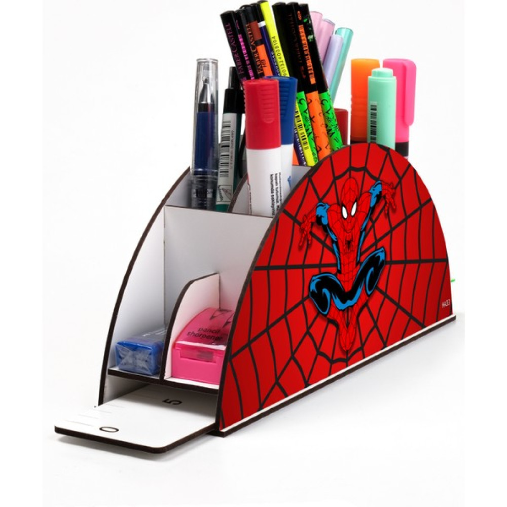 KutuTR Ahşap Vip Spider Serisi Model Gökkuşağı Cetvelli Masaüstü Kalemlik Organizer Montajlı Kutulu - 433-Spider Man Ofis Seti Fiyatı