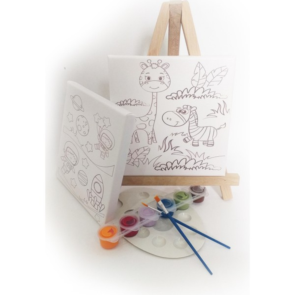 Kuytu Sanat 2'li Çocuk Ressam Seti - 20 x 20 cm Önçizimli Tuval, 2 Ad. Fırça, Palet, Boyalar ve Şövale Eğitici Oyuncak Fiyatı
