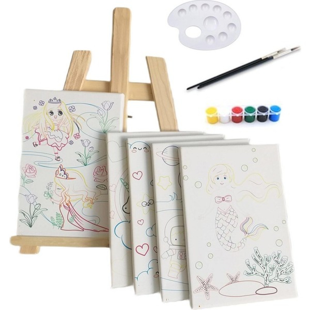 Kuytu Sanat Minik Ressam Seti, Mini Şövale ve 5 Adet 30 x 40 cm Önçizimli Tuvaller, Çocuklar Için Resim Seti Tuval Fiyatı