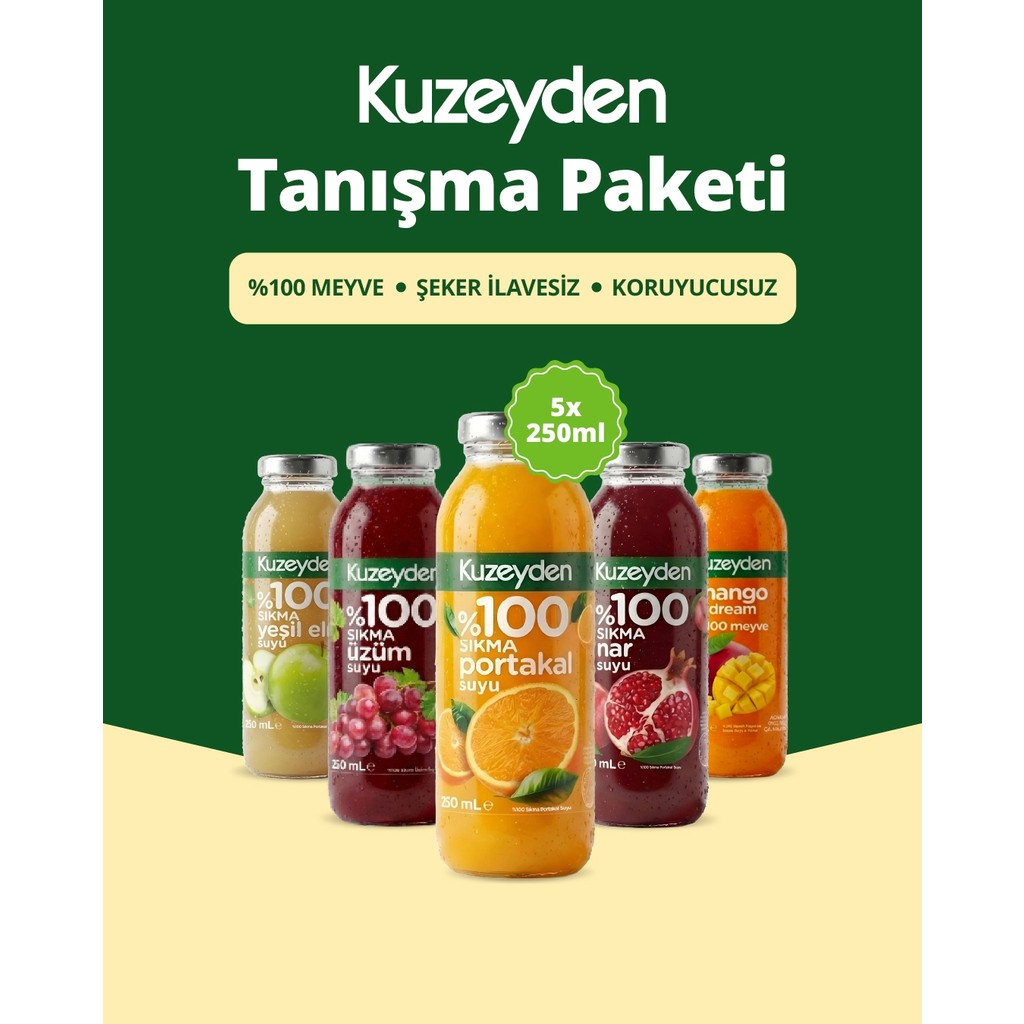 Kuzeyden Meyve Suyu Tanışma Paketi | 5X250ML | Ilave Şeker, Katkı ve Koruyucu Madde Içermez | %100 Meyve - 1,2 lt Diğer Fiyatı