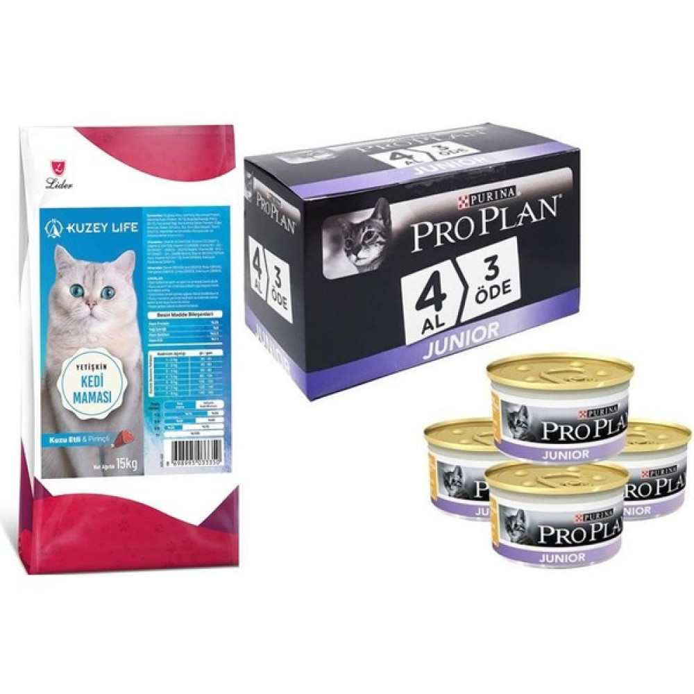 Kuzeylife Kuzu Etli ve Pirinçli Kedi Maması 15 kg + Pro Plan Junior Tavuklu Yavru Kedi Konserve 85GR 4 Al 3 Öde - 1 Evcil Hayvan Ürünleri Fiyatı