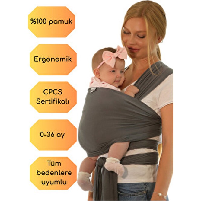 Kycbaby Pamuk CPCS Sertifikalı Ergonomik Bebek Taşıma Şalı 0-36 Ay İçin Gri Renkli Konfor Diğer Fiyatı