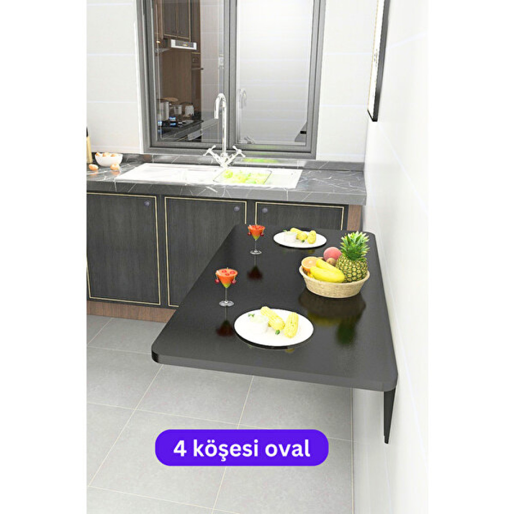 Kydonia Home 60X90 cm 4 Köşesi Oval Mat Siyah Duvara Monte Kırma Katlanır Mutfak Masası Yemek & Mutfak Masası Fiyatı