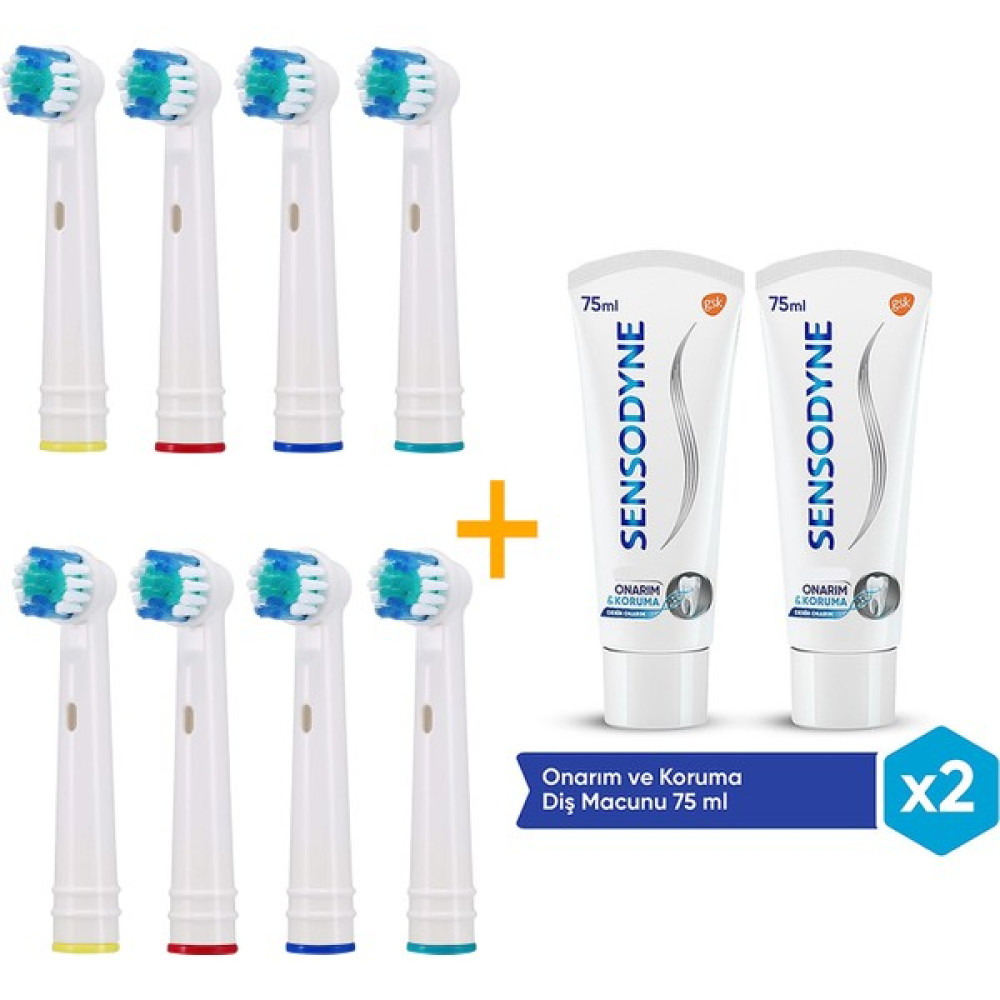 Kyver 8’li Paket Oral-B ile Uyumlu Yedek Diş Fırçası Başlığı + 2 Adet Sensodyne Onarım ve Koruma Diş Macunu 75ML + 75ML Şarjlı Diş Fırçası ve Aksesuarları Fiyatı