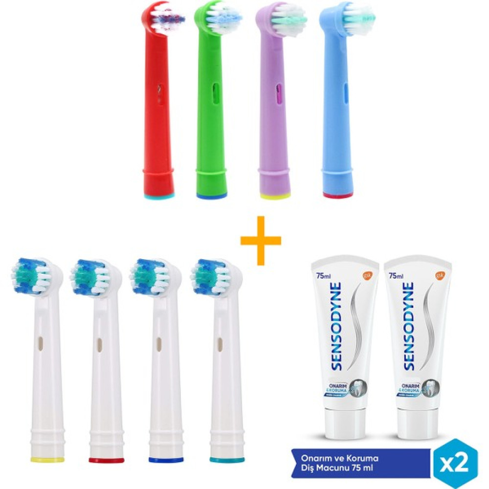 Kyver 8’li Yetişkin ve Çoçuk Için Oral-B ile Uyumlu Yedek Diş Fırçası Başlığı + 2 Adet Sensodyne Onarım ve Koruma Diş Macunu 75ML +75ML Şarjlı Diş Fırçası ve Aksesuarları Fiyatı