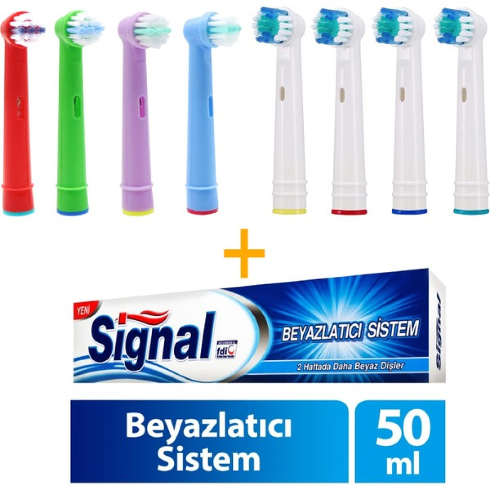 Kyver 8’li Yetişkin ve Çoçuk Için Oral-B ile Uyumlu Yedek Diş Fırçası Başlığı + Signal Beyazlatıcı Sistem Diş Macunu 50 ml Şarjlı Diş Fırçası ve Aksesuarları Fiyatı