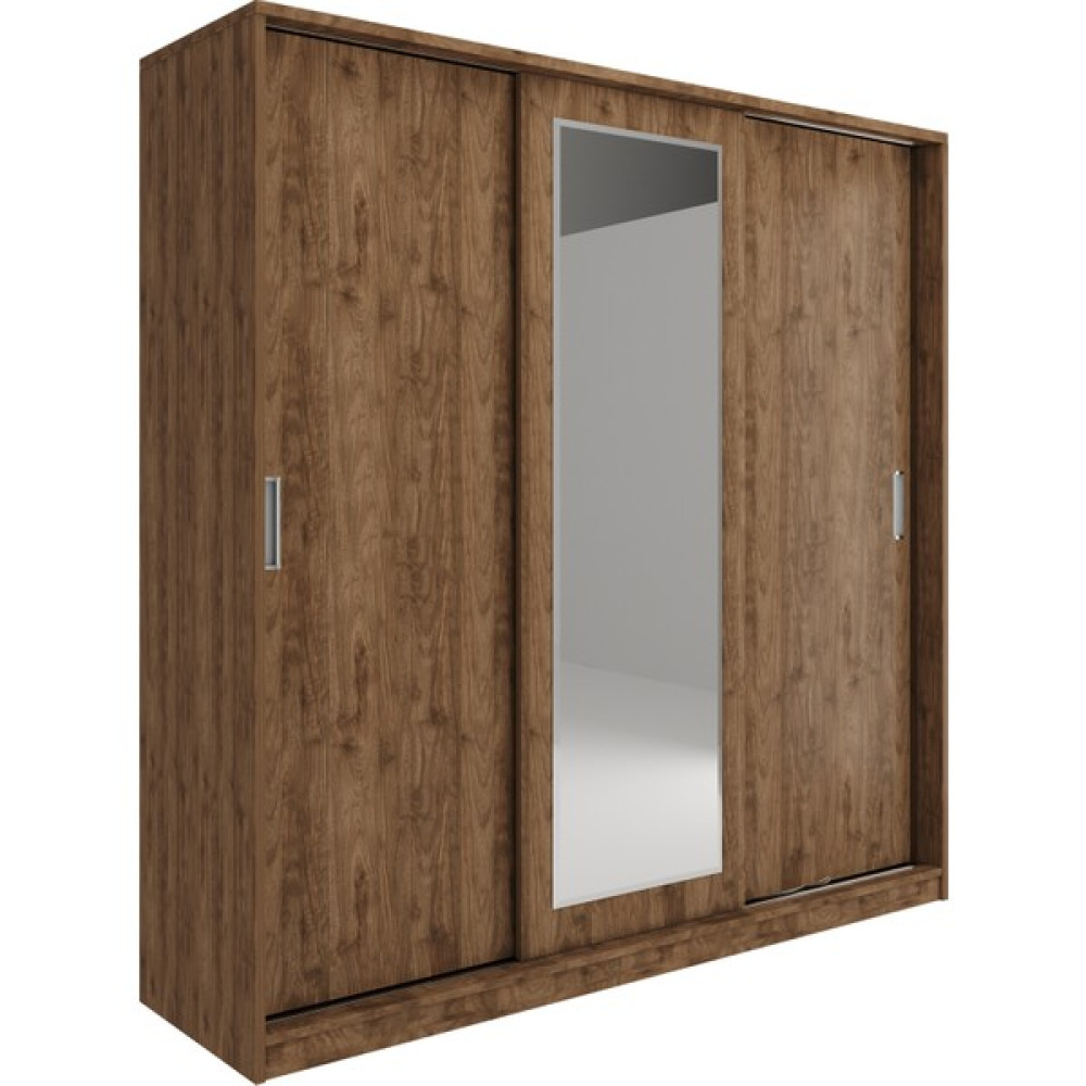 Kzn Home 3 Kapaklı Sürgülü Aynalı Gardrop Elbise Dolabı - Tamamı Ceviz Mdf - Antik Meşe Gardrop & Dolap Fiyatı