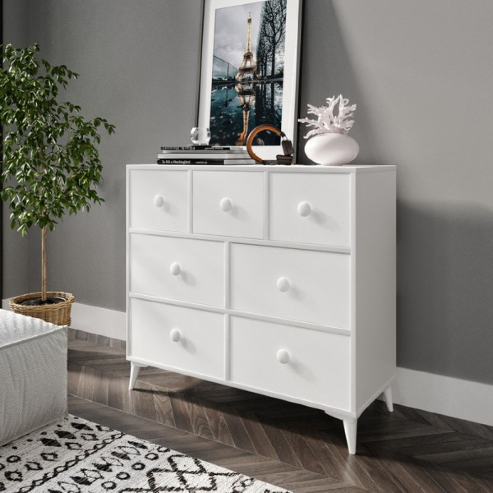Kzn Home Karanfil 7 Çekmeceli Modern Beyaz Şifonyer - Tamamı 1. Kalite Mdf Şifonyer Fiyatı