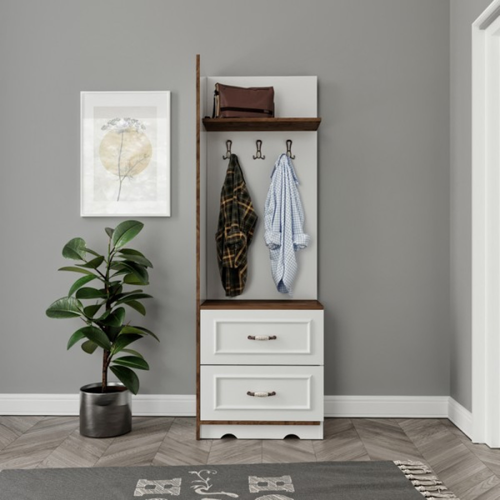 Kzn Home Kartopu 2 Çekmeceli 3 Askılı Country Vestiyer, Portmanto Mdf - 010 - Beyaz Portmanto Fiyatı