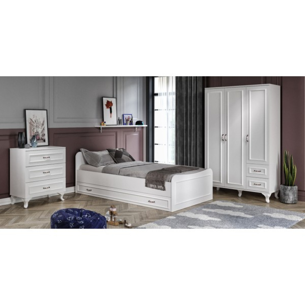 Kzn Home Kartopu Country Oda Takımı - 3 Kapaklı Gardırop, Yavrulu Karyola, 3 Çekmeceli Şifonyer Tamamı Mdf - Beyaz Yatak Odası Takımı / Seti Fiyatı