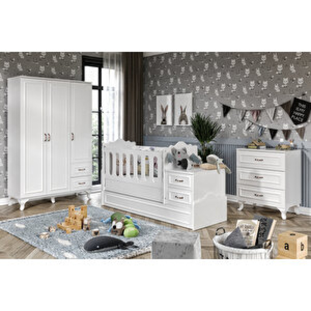 Kzn Home Kartopu Country Tarzı Bebek Odası Takımı Beyaz - 3 Parçalı Tamamı 1. Kalite Mdf Bebek-Çocuk Odası Fiyatı